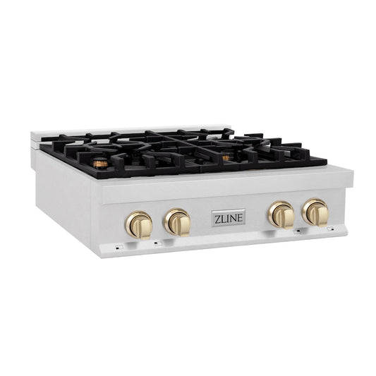 ZLINE Autograph Edition 30 in. Legacy Gas Rangetop with 4 Burners and Porcelain Cooktop in Satin Stainless Steel with Polished Gold Accents (RTSZ-30-G)