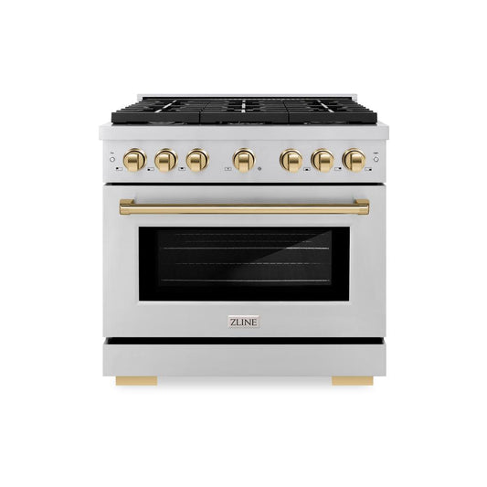 ZLINE Autograph Edition 36 in. 5.2 cu. ft. Paramount Dual Fuel Range with 6 Burner Gas Cooktop and Electric Convection Oven in Stainless Steel with Polished Gold Accents (SDRZ-36-G) front, oven closed.