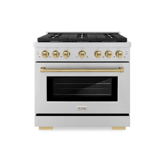 ZLINE Autograph Edition 36 in. 5.2 cu. ft. Paramount Gas Range with 6 Burner Cooktop and Convection Gas Oven in Stainless Steel and Champagne Bronze Accents (SGRZ-36-CB) front, oven closed.