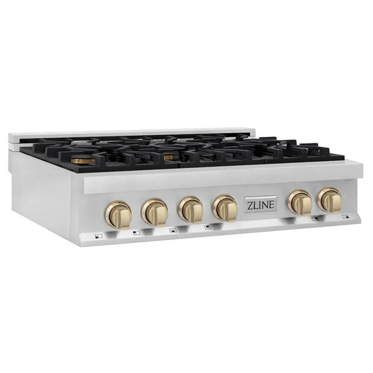 ZLINE Autograph Edition 36 in. Legacy Gas Rangetop with 6 Burners and Porcelain Cooktop in Stainless Steel with Polished Gold Accents (RTZ-36-G) main image.