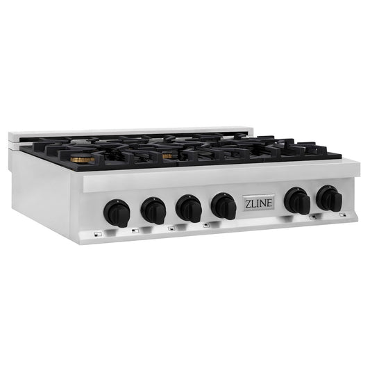 ZLINE Autograph Edition 36 in. Legacy Gas Rangetop with 6 Burners and Porcelain Cooktop in Stainless Steel with Matte Black Accents (RTZ-36-MB) main image.