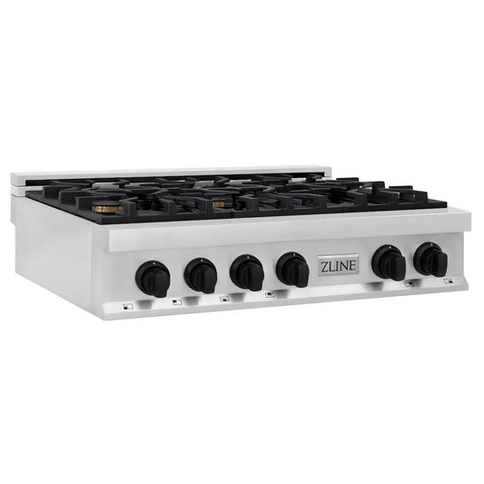 ZLINE Autograph Edition 36 in. Legacy Gas Rangetop with 6 Burners and Porcelain Cooktop in Stainless Steel with Matte Black Accents (RTZ-36-MB) main image.