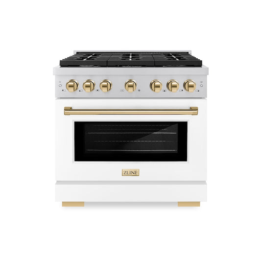 ZLINE Autograph Edition 36 in. 5.2 cu. ft. Paramount Gas Range with 6 Burner Cooktop and Convection Gas Oven in Stainless Steel with White Matte Door and Polished Gold Accents (SGRZ-WM-36-G) front.
