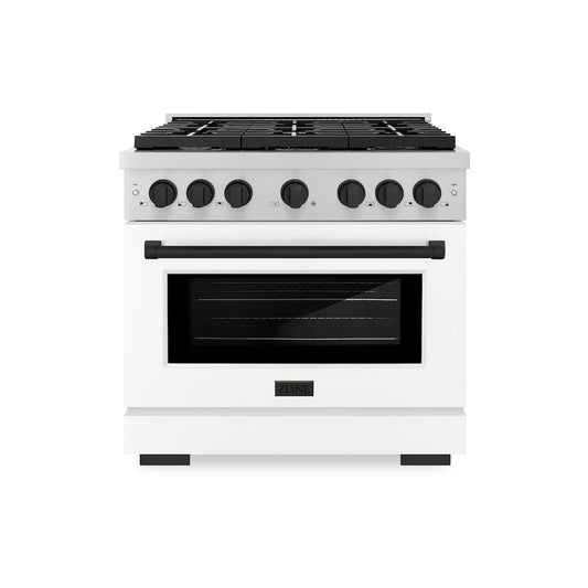 ZLINE Autograph Edition 36 in. 5.2 cu. ft. Paramount Gas Range with 6 Burner Cooktop and Convection Gas Oven in Stainless Steel with White Matte Door and Matte Black Accents (SGRZ-WM-36-MB) front.