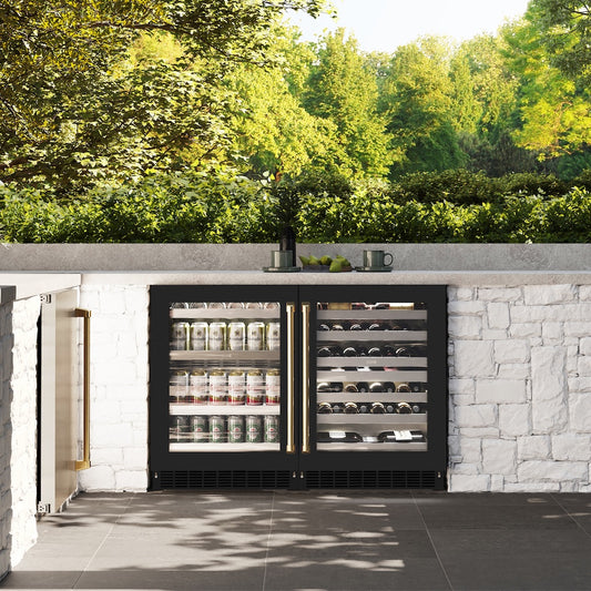 ZLINE Autograph Edition 24 in. Touchstone Dual Zone 44 Bottle Wine Cooler With Black Matte Glass Door And Polished Gold Handle (RWDOZ-BLM-24-G) in an outdoor kitchen.