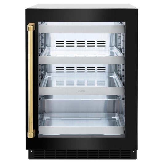 ZLINE Autograph Edition 24 in. Touchstone 151 Can Beverage Fridge With Black Stainless Steel Glass Door And Polished Gold Handle (RBSOZ-BS-24-G) front, closed.