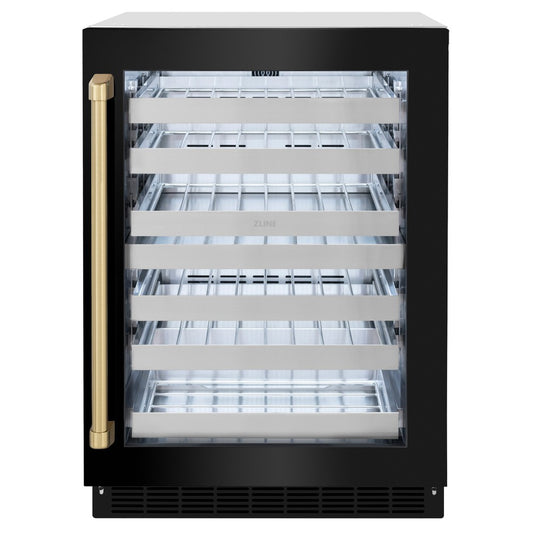 ZLINE Autograph Edition 24 in. Touchstone Dual Zone 44 Bottle Wine Cooler With Black Stainless Steel Glass Door And Champagne Bronze Handle (RWDOZ-BS-24-CB) front, closed.