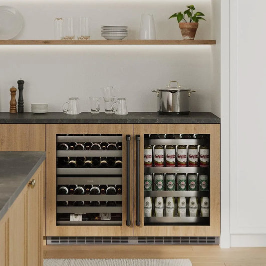 ZLINE Autograph Edition 24 in. Touchstone Dual Zone 44 Bottle Wine Cooler With Panel Ready Glass Door And Matte Black Handle (RWDPOZ-24-MB) in a luxury kitchen.