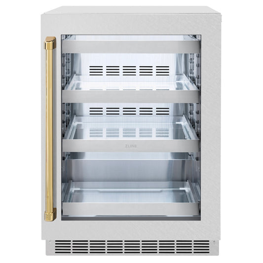 ZLINE Autograph Edition 24 in. Touchstone 151 Can Beverage Fridge With Satin Stainless Steel Glass Door And Polished Gold Handle (RBSOZ-SN-24-G) front, closed.