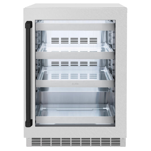 ZLINE Autograph Edition 24 in. Touchstone 151 Can Beverage Fridge With Satin Stainless Steel Glass Door And Matte Black Handle (RBSOZ-SN-24-MB) front, closed.
