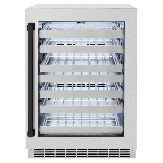 ZLINE Autograph Edition 24 in. Touchstone Dual Zone 44 Bottle Wine Cooler with Satin Stainless Steel Glass Door and Matte Black Handle (RWDOZ-SN-24-MB) front, closed.