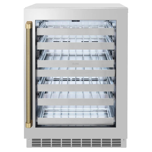 ZLINE Autograph Edition 24 in. Touchstone Dual Zone 44 Bottle Wine Cooler with Stainless Steel Glass Door and Champagne Bronze Helix Handle (RWDOZS-24-KCB) main image.