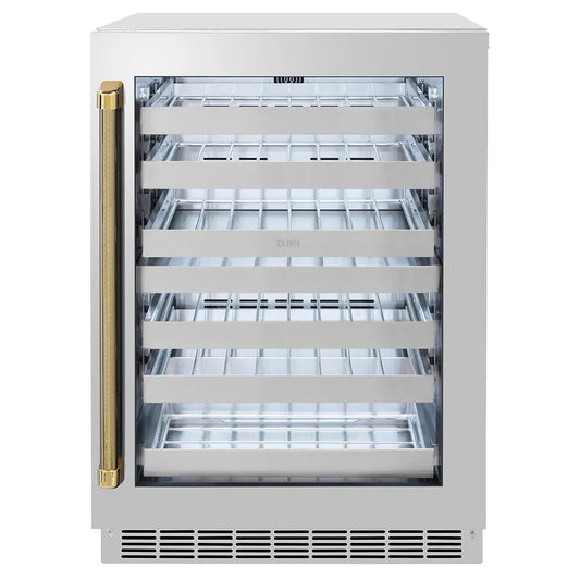 ZLINE Autograph Edition 24 in. Touchstone Dual Zone 44 Bottle Wine Cooler with Stainless Steel Glass Door and Polished Gold Helix Handle (RWDOZS-24-KG) main image.