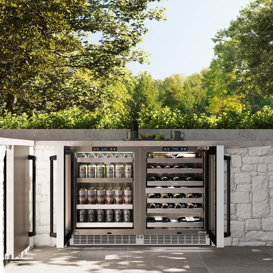 ZLINE Autograph Edition 24 in. Touchstone Dual Zone 44 Bottle Wine Cooler With White Matte Glass Door And Matte Black Handle (RWDOZ-WM-24-MB) open, in an outdoor kitchen with a matching beverage fridge displaying drinks and bottles.
