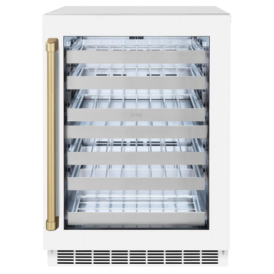 ZLINE Autograph Edition 24 in. Touchstone Dual Zone 44 Bottle Wine Cooler With White Matte Glass Door And Champagne Bronze Handle (RWDOZ-WM-24-CB) front, closed.