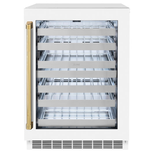 ZLINE Autograph Edition 24 in. Touchstone Dual Zone 44 Bottle Wine Cooler With White Matte Glass Door And Polished Gold Handle (RWDOZ-WM-24-G)