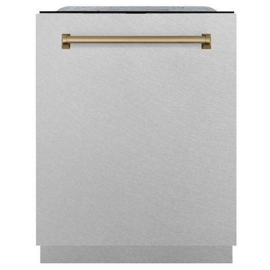 ZLINE Autograph Edition 24 in. Monument Series 3rd Rack Top Touch Control Tall Tub Dishwasher with Satin Stainless Steel Panel and Champagne Bronze Handle, 45dBa (DWMTZ-SN-24-CB) front, closed.