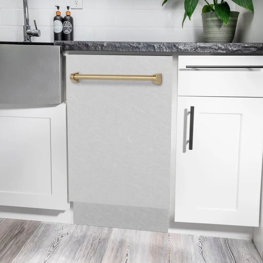 ZLINE Autograph Edition 18 in. Tallac Series 3rd Rack Top Control Built-In Dishwasher with Satin Stainless Steel Panel and Champagne Bronze Handle, 51dBa (DWVZ-SN-18-CB) in a luxury kitchen.