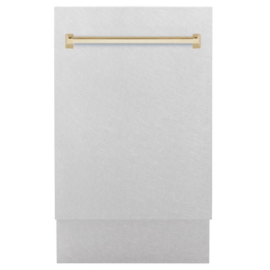 ZLINE Autograph Edition 18 in. Tallac Series 3rd Rack Top Control Built-In Dishwasher with Satin Stainless Steel Panel and Polished Gold Handle, 51dBa (DWVZ-SN-18-G) front, closed.