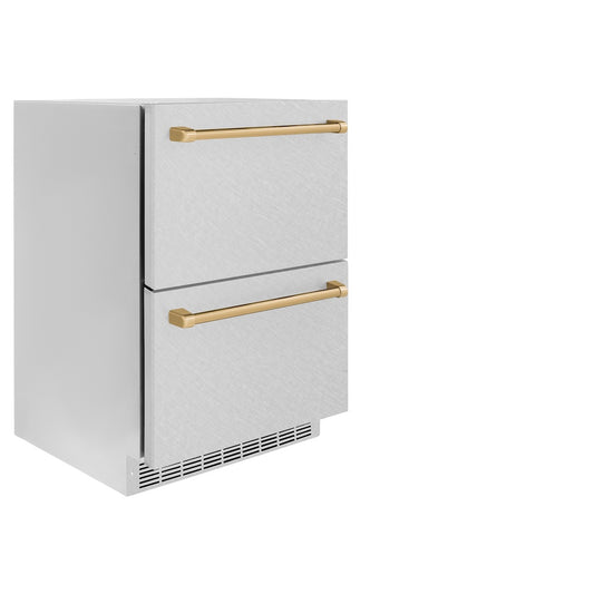 ZLINE Autograph Edition 24 in. Touchstone 168 Can Outdoor-Rated Dual Refrigerator Drawer with Satin Stainless Steel Doors and Champagne Bronze Handles (RDSOZ-SN-24-CB) side, closed.
