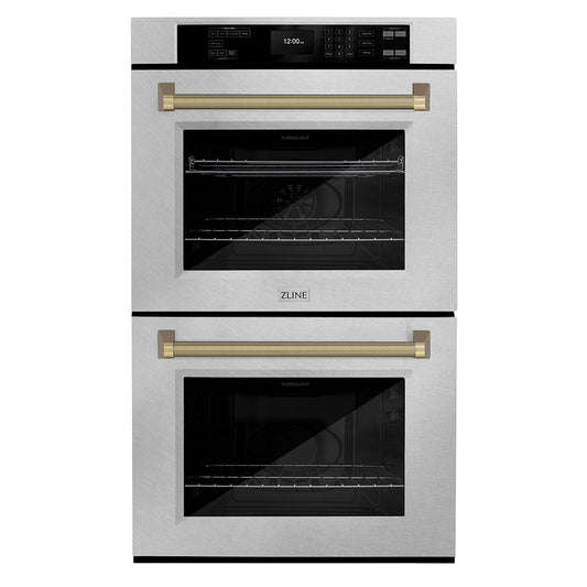 ZLINE Autograph Edition 30 in. Professional True Convection Double Wall Oven with Air Fry and Self Clean in Satin Stainless Steel with Champagne Bronze Helix Handles (WADSZ-30-KCB)
