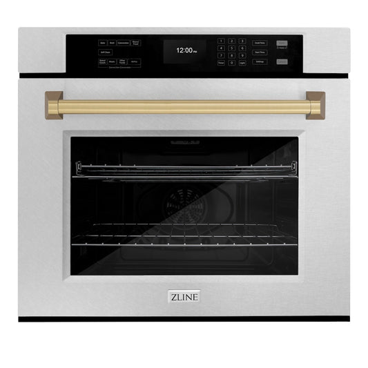 ZLINE 30 in. Autograph Edition Professional True Convection Single Wall Oven with Air Fry and Self Clean in Satin Stainless Steel with Champagne Bronze Handle (WASSZ-30-CB) front.