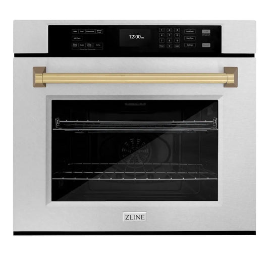 ZLINE Autograph Edition 30 in. Professional True Convection Single Wall Oven with Air Fry and Self Clean in Satin Stainless Steel with Champagne Bronze Handle (WASSZ-30-CB) main image.