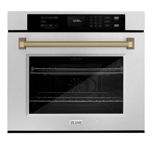 ZLINE Autograph Edition 30 in. Professional True Convection Single Wall Oven with Air Fry and Self Clean in Satin Stainless Steel with Champagne Bronze Helix Handle (WASSZ-30-KCB)