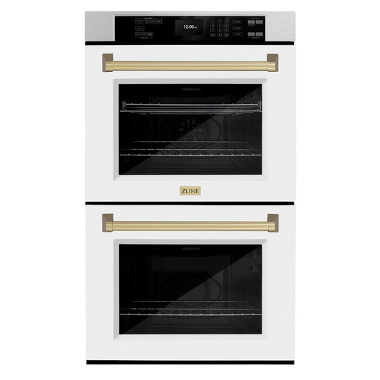 ZLINE 30 in. Autograph Edition Professional True Convection Double Wall Oven with Air Fry and Self Clean in Satin Stainless Steel with White Matte Doors and Champagne Bronze Handles (WADSZ-WM-30-CB)