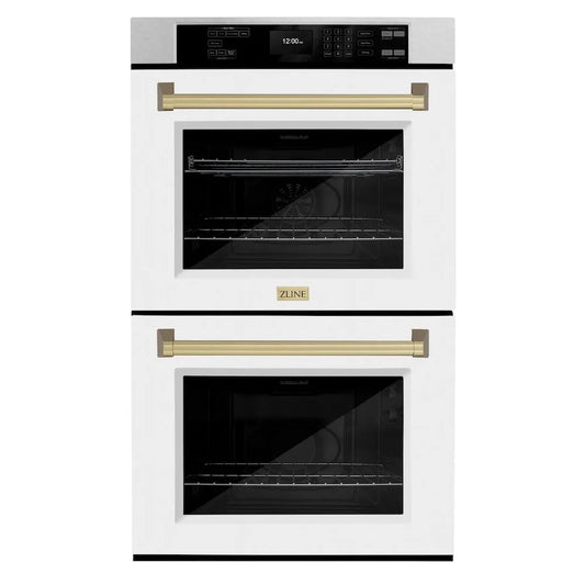 ZLINE Autograph Edition 30 in. Professional True Convection Double Wall Oven with Air Fry and Self Clean in Satin Stainless Steel with White Matte Doors and Champagne Bronze Handles (WADSZ-WM-30-CB) main image.