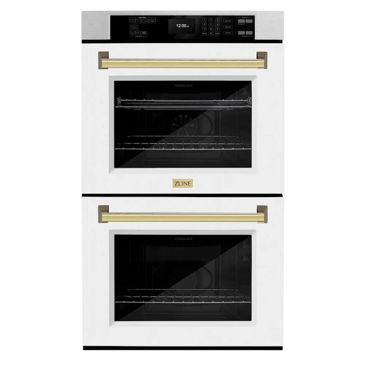 ZLINE Autograph Edition 30 in. Professional True Convection Double Wall Oven with Air Fry and Self Clean in Satin Stainless Steel with White Matte Doors and Polished Gold Handles (WADSZ-WM-30-G) main image.