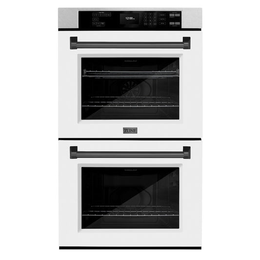 ZLINE 30 in. Autograph Edition Professional True Convection Double Wall Oven with Air Fry and Self Clean in Satin Stainless Steel with White Matte Doors and Matte Black Handles (WADSZ-WM-30-MB)
