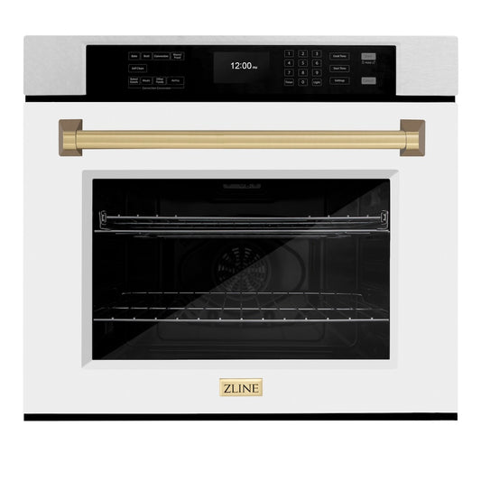 ZLINE 30 in. Autograph Edition Professional True Convection Single Wall Oven with Air Fry and Self Clean in Satin Stainless Steel with White Matte Door and Champagne Bronze Handle (WASSZ-WM-30-CB) front.