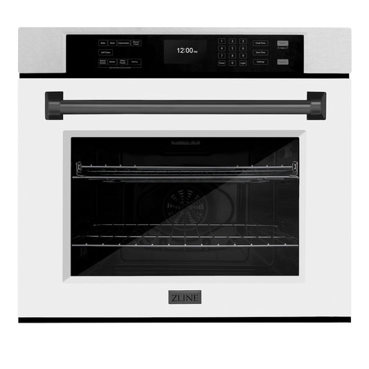 ZLINE 30 in. Autograph Edition Professional True Convection Single Wall Oven with Air Fry and Self Clean in Satin Stainless Steel with White Matte Door and Matte Black Handle (WASSZ-WM-30-MB) front.
