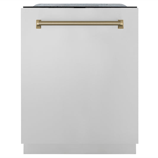 ZLINE Autograph Edition 24 in. Monument Series 3rd Rack Top Touch Control Tall Tub Dishwasher in Stainless Steel with Champagne Bronze Helix Handle, 45dBa (DWMTZ-30424-KCB)