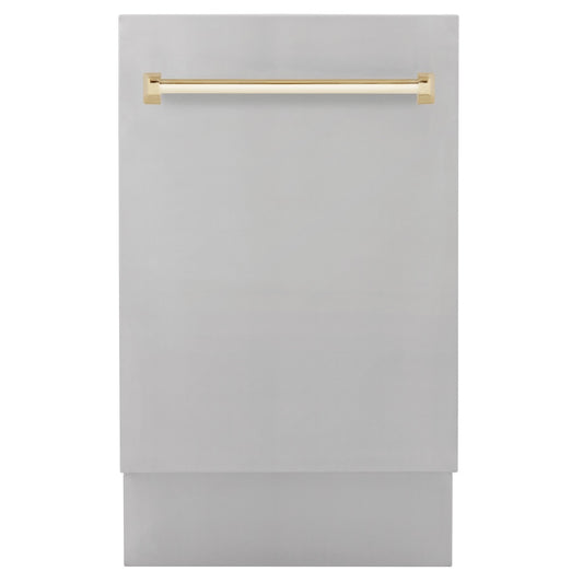 ZLINE Autograph Edition 18 in. Tallac Series 3rd Rack Dishwasher with Auto Door Open Drying, 51dBa, Stainless Steel Panel with Polished Gold Handle (DWVZ-304-18-G) main image.