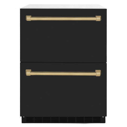 ZLINE Autograph Edition 24 in. Touchstone 168 Can Outdoor-Rated Dual Refrigerator Drawer with Black Matte Doors and Champagne Bronze Handles (RDSOZ-BLM-24-CB) main image.