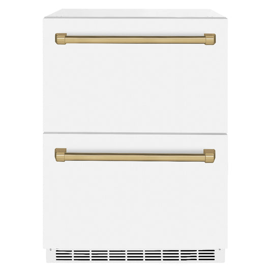 ZLINE Autograph Edition 24 in. Touchstone 168 Can Outdoor-Rated Dual Refrigerator Drawer with White Matte Doors and Champagne Bronze Handles (RDSOZ-WM-24-CB)