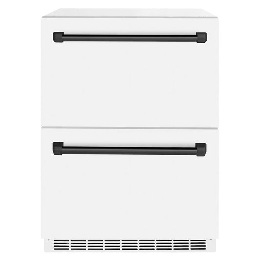 ZLINE Autograph Edition 24 in. Touchstone 168 Can Outdoor-Rated Dual Refrigerator Drawer with White Matte Doors and Matte Black Handles (RDSOZ-WM-24-MB)