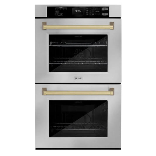 ZLINE Autograph Edition 30 in. Professional True Convection Double Wall Oven with Air Fry and Self Clean in Stainless Steel with Champagne Bronze Handles (WADZ-30-CB) main image.