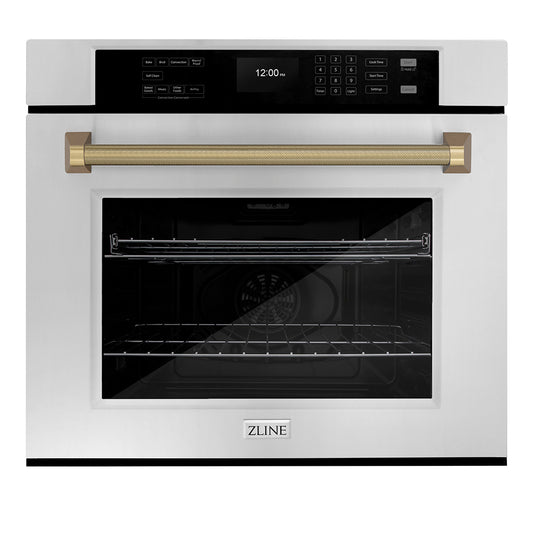 ZLINE Autograph Edition 30 in. Professional True Convection Single Wall Oven with Air Fry and Self Clean in Stainless Steel with Champagne Bronze Helix Handle (WASZ-30-KCB)