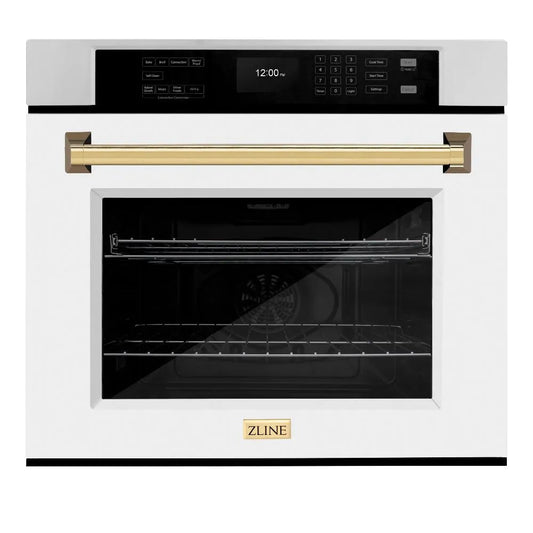 ZLINE Autograph Edition 30 in. Professional True Convection Single Wall Oven with Air Fry and Self Clean in Stainless Steel with White Matte Door and Polished Gold Handle (WASZ-WM-30-G) main image.