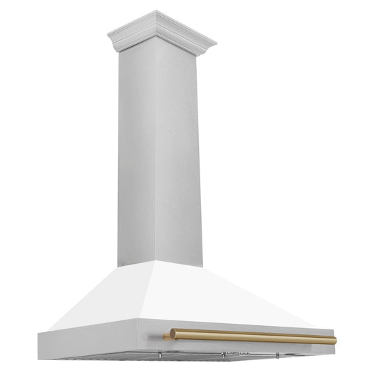 ZLINE Autograph Edition 36 in. Convertible Satin Stainless Steel Wall Mount Range Hood with White Matte Shell and Champagne Bronze Handle (KB4SNZ-WM36-CB)