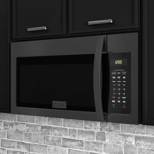 ZLINE 30 in. Black Stainless Steel Over the Range Convection Microwave Oven with Modern Handle (MWO-OTR-30-BS) in a luxury kitchen.