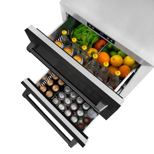 Two open drawers of a ZLINE 24 in. Touchstone 168 Can Outdoor-Rated Dual Refrigerator Drawer with Black Stainless Steel Doors (RDSO-BS-24) with drinks and fruits.