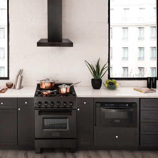 ZLINE 24 in. Convertible Vent Wall Mount Range Hood in Black Stainless Steel (BSKEN-24) in a luxury kitchen.