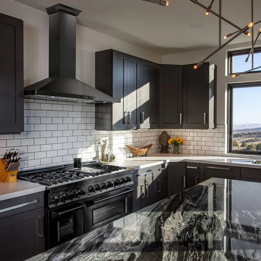 ZLINE 48 in. CrownSound™ Ducted Vent Wall Mount Range Hood in Black Stainless Steel with Built-in Bluetooth Speakers (BSKBNCRN-BT-48) in a luxury kitchen.