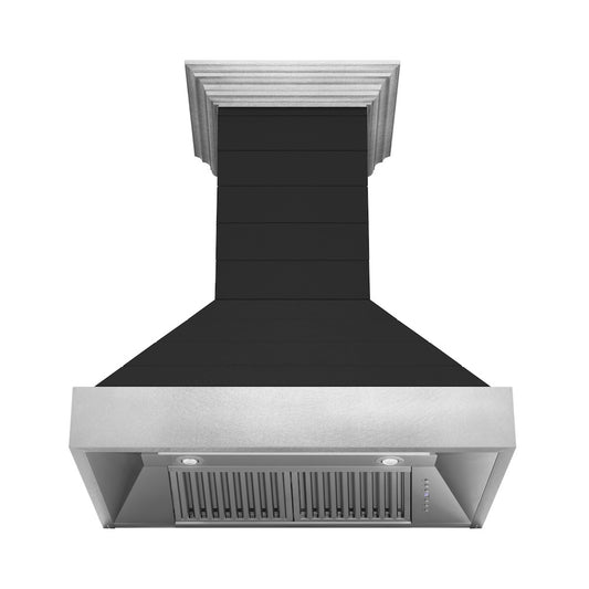 ZLINE 30 in. Wooden Wall Mount Range Hood in Rustic Shiplap Black Finish with Stainless Steel Accents (365CC-30) front, under.