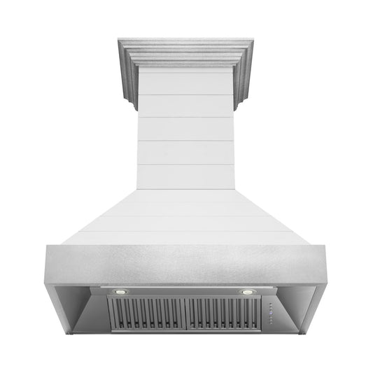 ZLINE 36 in. Wooden Wall Mount Range Hood in Rustic Shiplap Bright White Finish with Stainless Steel Accents (365WW-36) front, under.