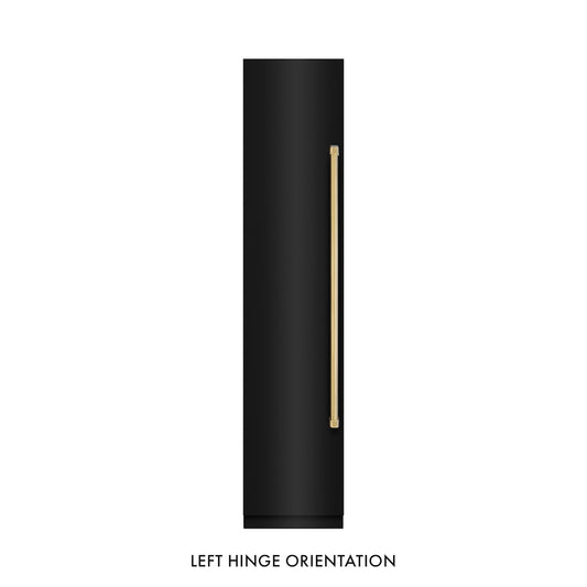 ZLINE Autograph Edition 18 in. 8.6 cu. ft. Left Hinge Column Freezer in Black Stainless Steel with Graphite Gray Interior and Polished Gold Accents (RCFVLZ-BS-18-G) front, closed.